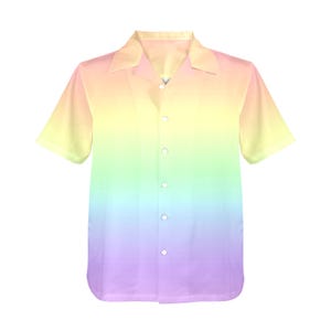May include: A short-sleeved button-down shirt with a vibrant rainbow gradient design. The colors transition smoothly from yellow at the top to purple at the bottom. The shirt has a classic collar and white buttons.