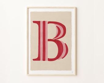 Red Stripe Letter Print, A4 Giclee Initial Print, Wall decor