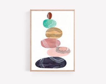 English seaside watercolour painting calm spiritual Zen Stone Pile on the beach