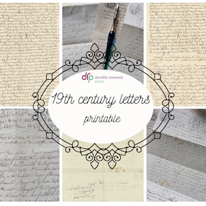 May include: A collage of six vintage letters written in cursive script on aged paper. The letters are arranged in a square frame with a black border and the text "19th century letters printable" in the center. The letters are a light beige colour with brown ink.