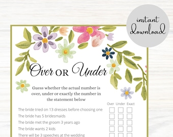 Over or Under | Over or Under Bridal Shower Game | Over or Under Printable Game | Bridal Shower Game | Instant Download | Printable Game