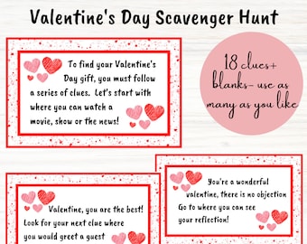 Valentine's Day Scavenger Hunt Clue Cards| Valentine's Day Treasure Hunt| Valentine's Day Gift| Valentine's Day Printable| Valentines Game