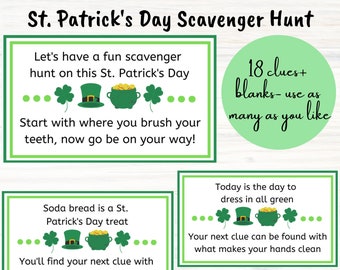 St. Patrick's Day Scavenger Hunt Clue Cards| Saint Patrick's Day Treasure Hunt| St Patricks Day Scavenger Hunt | Digital Download Printable