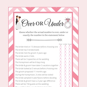 Over or Under | Over or Under Bridal Shower Game | Over or Under Printable Game | Bridal Shower Game | Instant Download | Printable Game