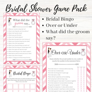 Bridal Shower Game Pack Bundle| Bridal Shower Bingo| What did the groom say| Over or Under| Bridal Games| Instant Download | Printable Game
