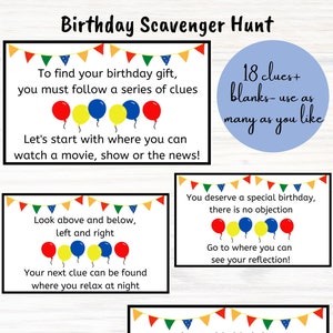 Tarjetas con pistas para la búsqueda del tesoro de cumpleaños/Búsqueda del tesoro de cumpleaños/Regalo de cumpleaños/Imprimible de cumpleaños/Juego de cumpleaños/Descarga instantánea/