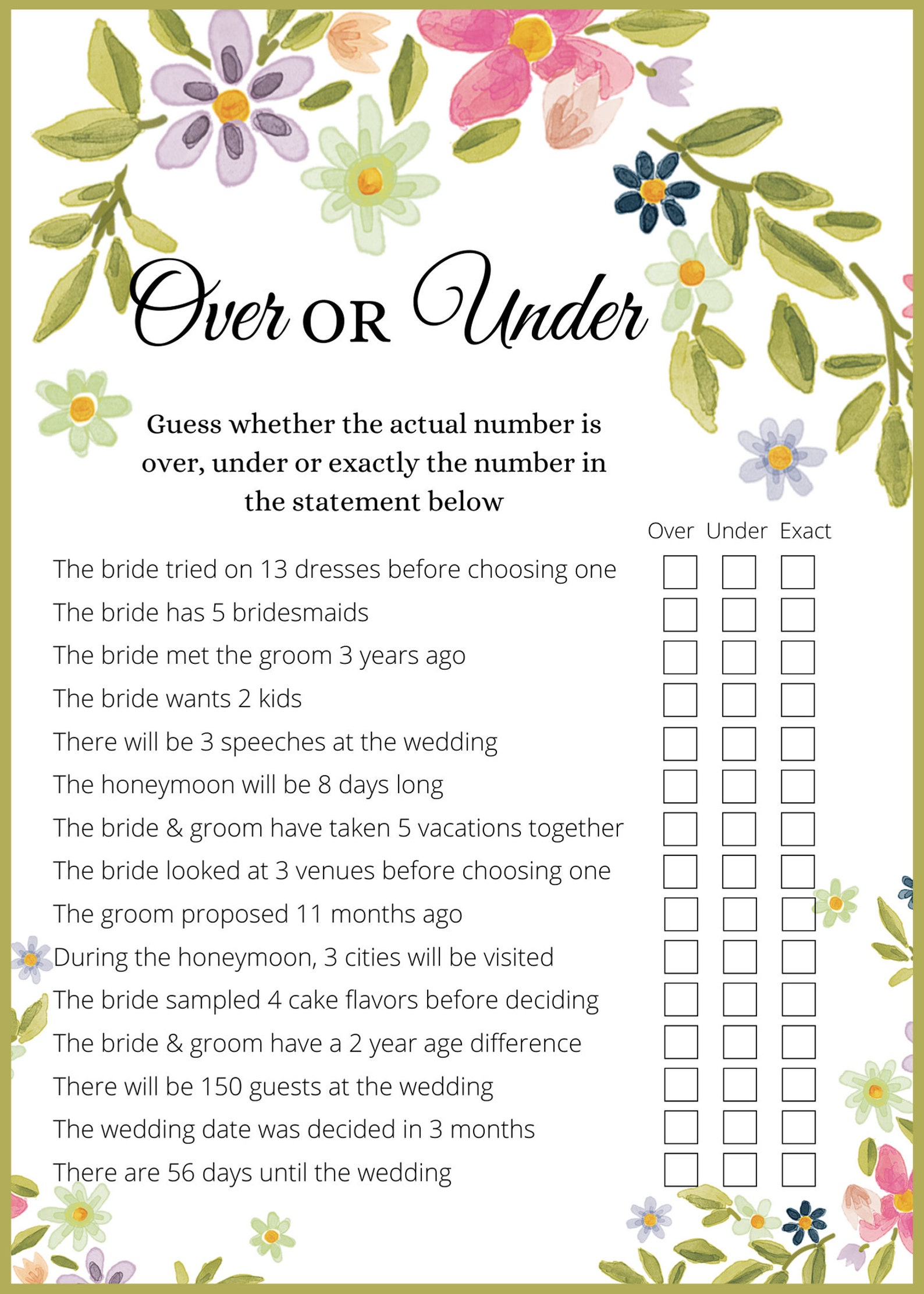 Over or Under | Over or Under Bridal Shower Game | Over or Under ...