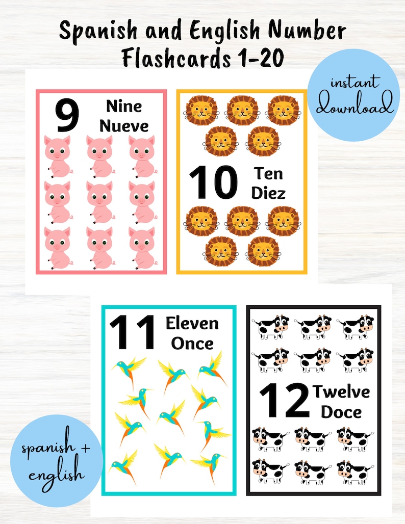 May include: Educational flashcards for numbers 1-20 in Spanish and English. The flashcards feature colorful illustrations of pigs, lions, hummingbirds, and cows. Each card displays the number, its English and Spanish translations. The words "instant download" are also visible.