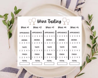 May include: A printable wine tasting chart with five columns for different wines. Each column has a heading for appearance, aroma, taste, finish, and total. Each category has a scale of 1 to 5.
