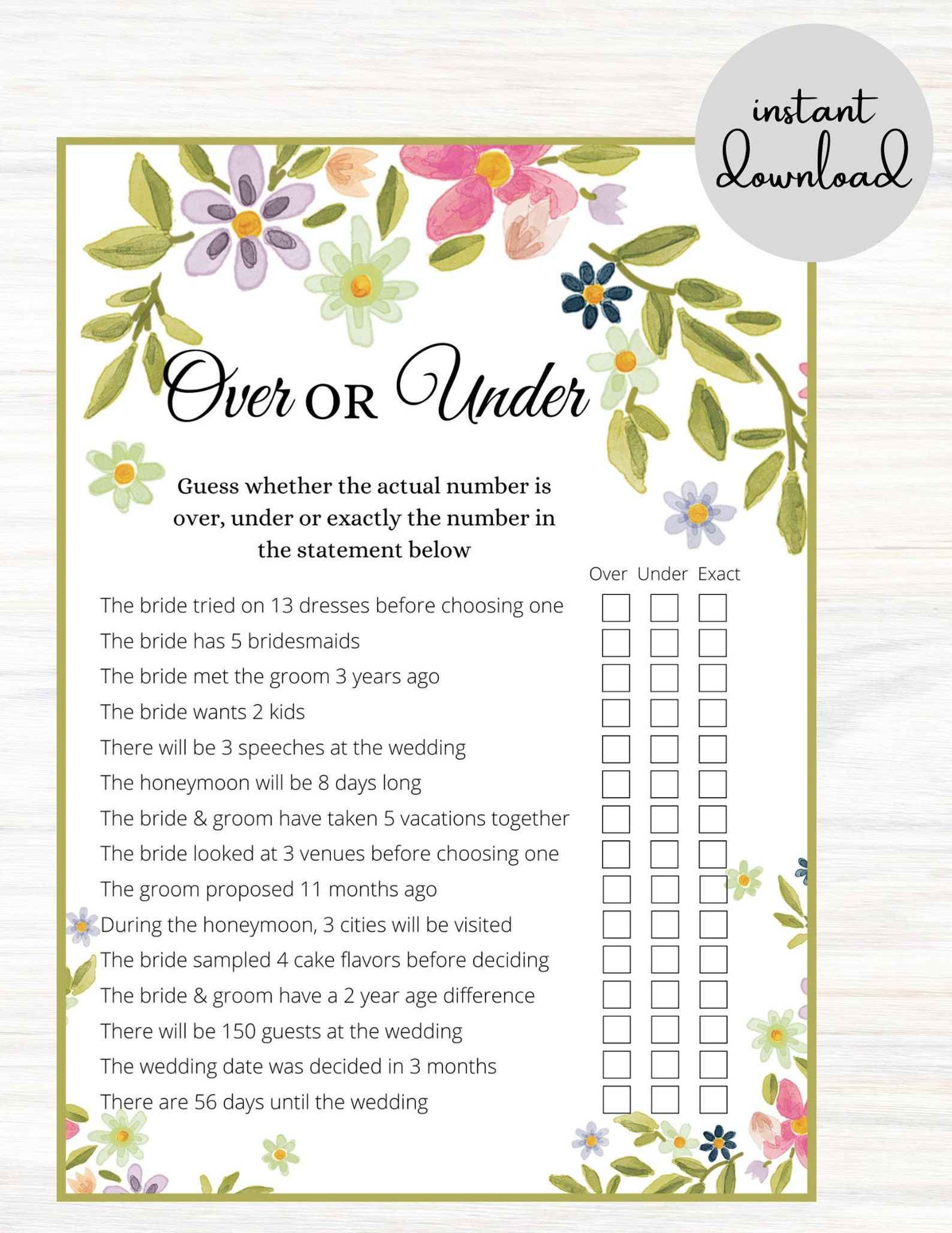 Over or Under | Over or Under Bridal Shower Game | Over or Under ...