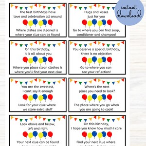 Op de afbeelding: Een printbaar verstoppertje-spel voor een verjaardag met kleurrijke ballonnen en tekst. Het spel bevat aanwijzingen om de volgende aanwijzing te vinden, zoals "Waar het servies wordt schoongemaakt, is waar je aanwijzing te vinden is." en "Je verdient een speciale verjaardag, er zijn geen bezwaren. Ga naar waar je je reflectie kunt zien!"