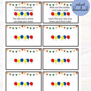 Op de afbeelding: Printbare verjaardagsspeurtocht met kleurrijke ballonnen en vlaggetjes. Het spel bevat instructies zoals "Blaas de kaarsjes uit en doe een wens" en "Je vindt je volgende aanwijzing waar je een gerecht zou vinden".