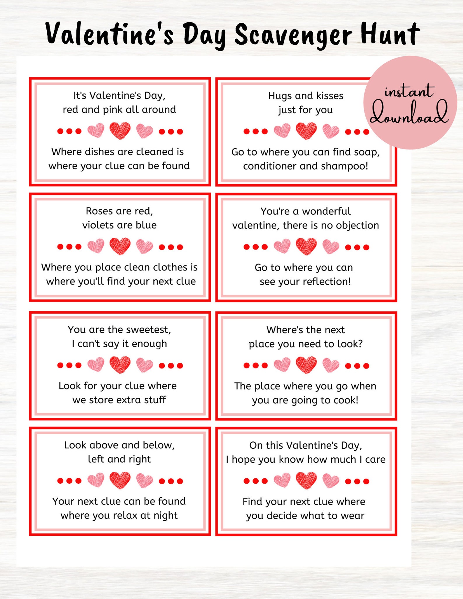 Valentine's Day Scavenger Hunt Clue Cards Valentine's - Etsy