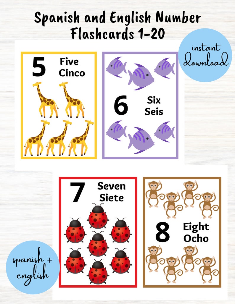 May include: Educational flashcards with numbers 1-20 in Spanish and English. The cards feature colorful illustrations of giraffes, fish, ladybugs, and monkeys. The text "instant Download" and "spanish + english" are also visible.