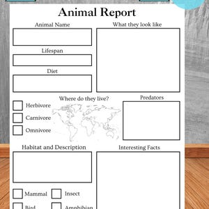Puede incluir: Una hoja de trabajo imprimible en blanco sobre informes de animales con el título "ANIMAL REPORT WORKSHEET" en una pancarta azul. La hoja de trabajo incluye secciones para el nombre del animal, la esperanza de vida, la dieta, el hábitat y datos interesantes.