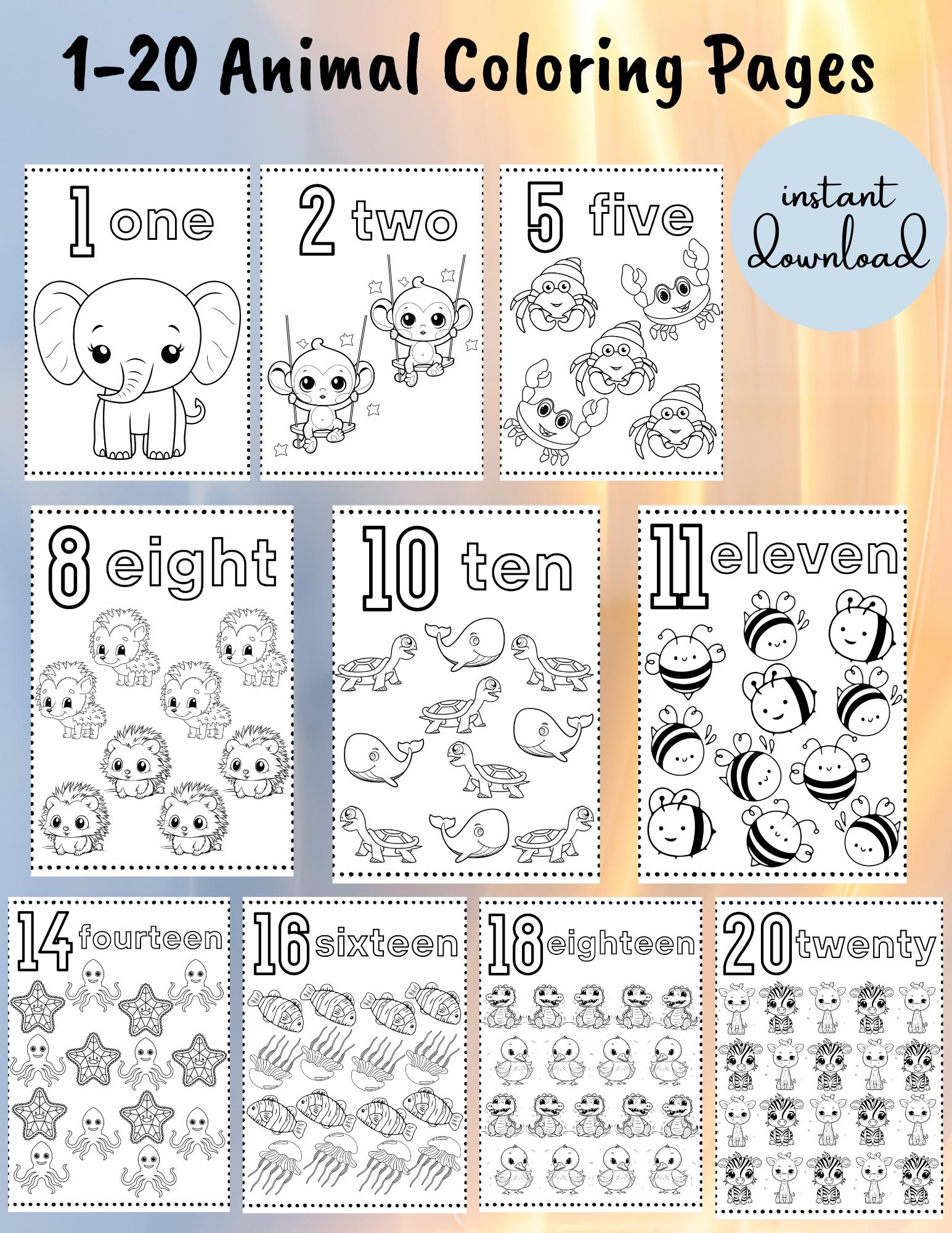 Number Coloring Pages 1-20 Counting Numbers Kindergarten Preschool Prek ...