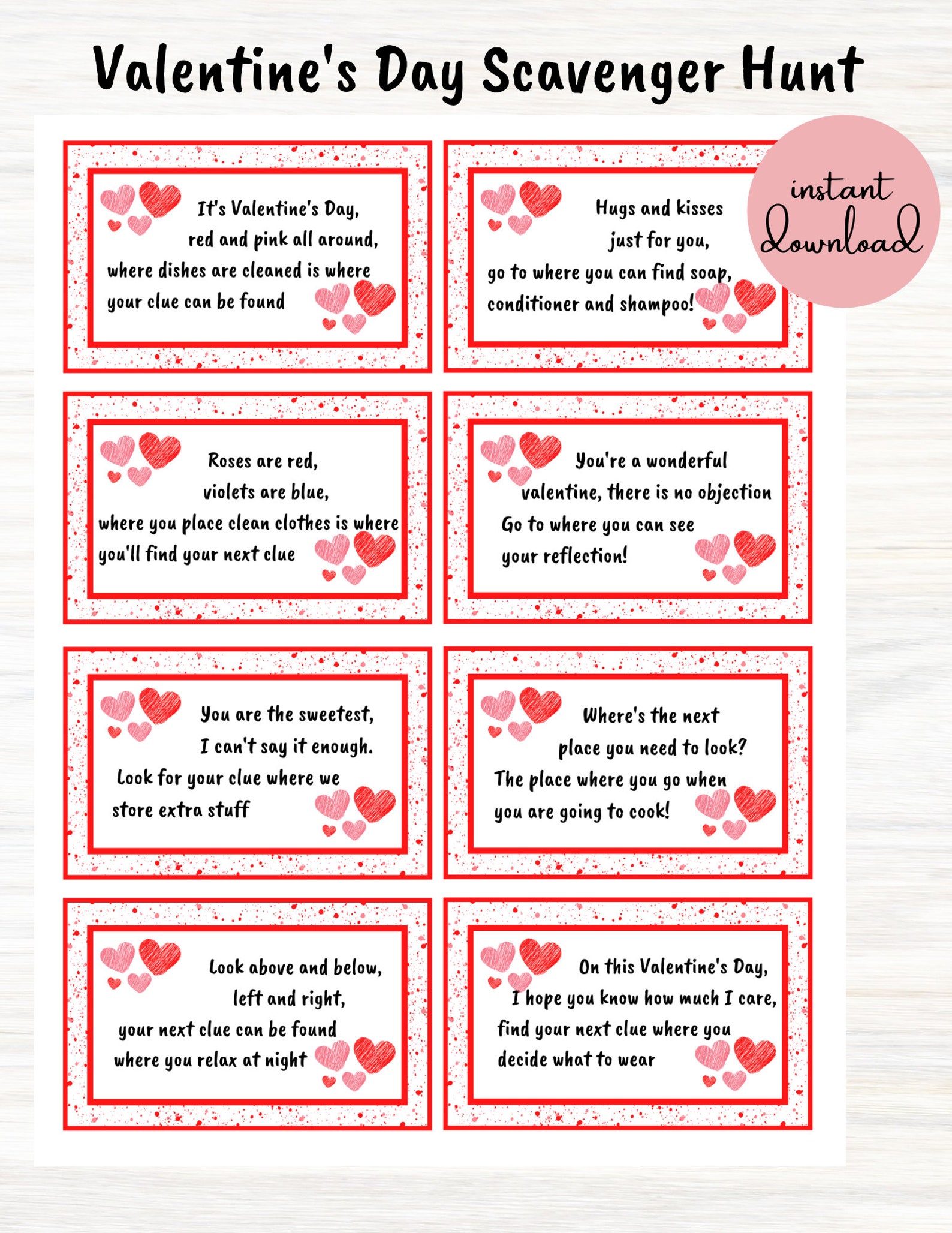 Valentine's Day Scavenger Hunt Clue Cards Valentine's Day Treasure Hunt ...