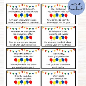 Op de afbeelding: Een set van acht kleurrijke kaarten met verstoppertje-hints met een verjaardags thema. Elke kaart heeft een kleurrijk lint met ballonnen en een kort rijmpje. De tekst op de kaarten bevat zinnen als "Hip Hip Hooray!" en "Waar zou je volgende hint kunnen zijn?"