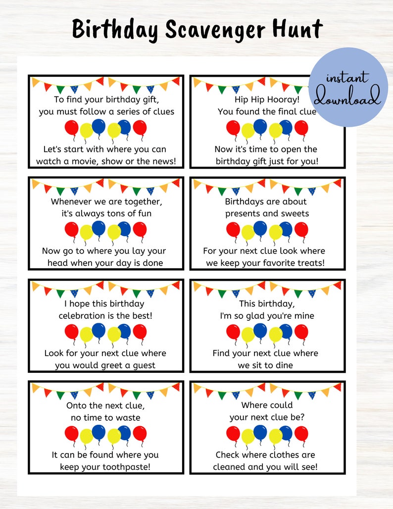 Op de afbeelding: Een set van acht kleurrijke kaarten met verstoppertje-hints met een verjaardags thema. Elke kaart heeft een kleurrijk lint met ballonnen en een kort rijmpje. De tekst op de kaarten bevat zinnen als "Hip Hip Hooray!" en "Waar zou je volgende hint kunnen zijn?"