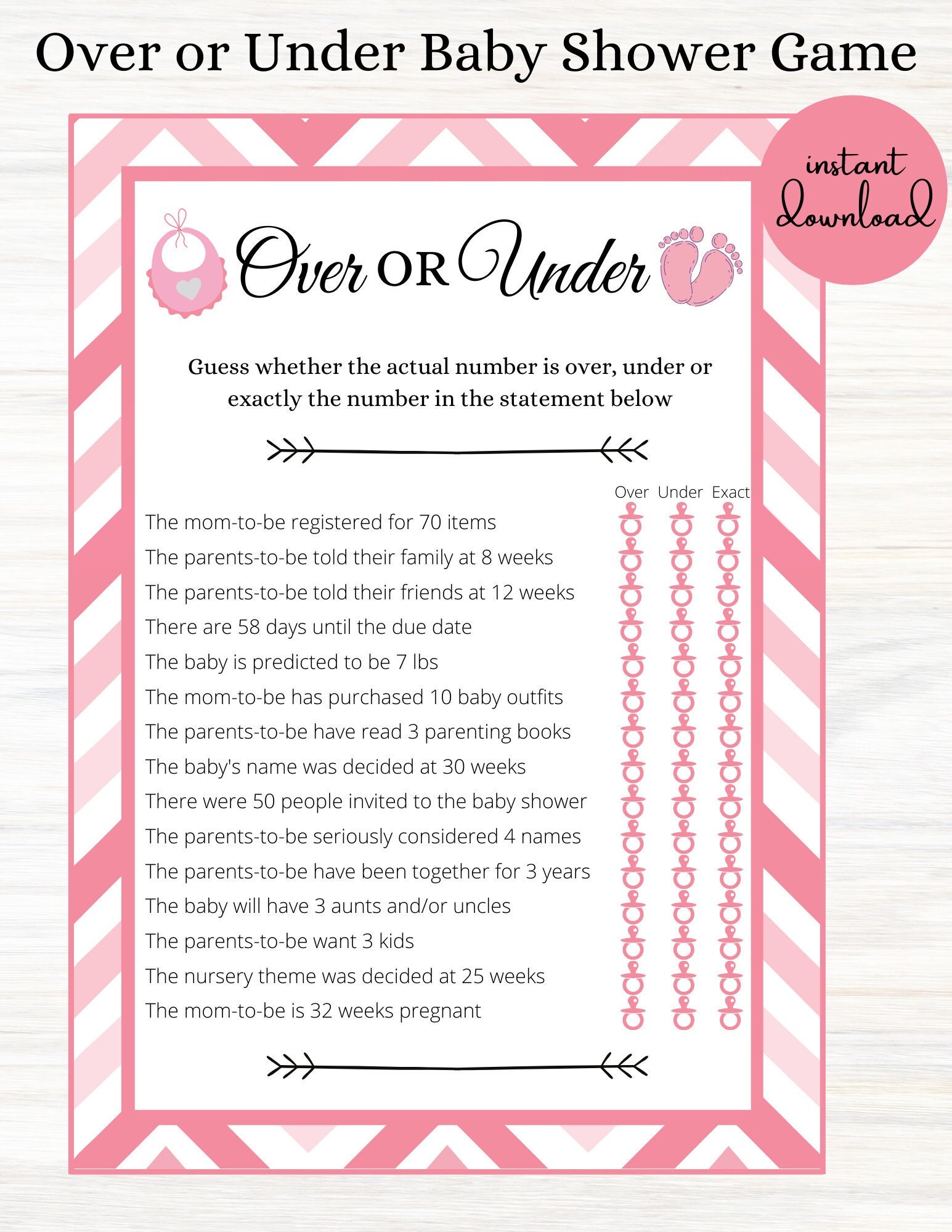 Over or Under Over or Under Baby Shower Game Over or Under Printable