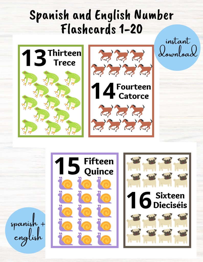 May include: Educational flashcards for learning numbers in Spanish and English. The cards feature numbers 13, 14, 15, and 16, with corresponding words in both languages. Each card has a different illustration, including frogs, horses, snails, and pugs.