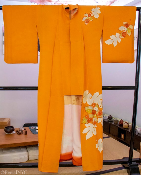 Vintage Tsukesage Kimono: Stylized maple leaves, c