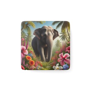 Elephant Paradise Porcelain Magnet, Colorful Animal Decor, Nature Lover Gift, Eco-Friendly Home Decor, Tropical Kitchen Magnet
