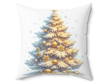 May include: Square pillow featuring a stylized Christmas tree design. The tree is white with gold ornaments, a star on top, and a garland. The pillow has a white background with snowflakes and the text "SERENE CREATION WORLD".