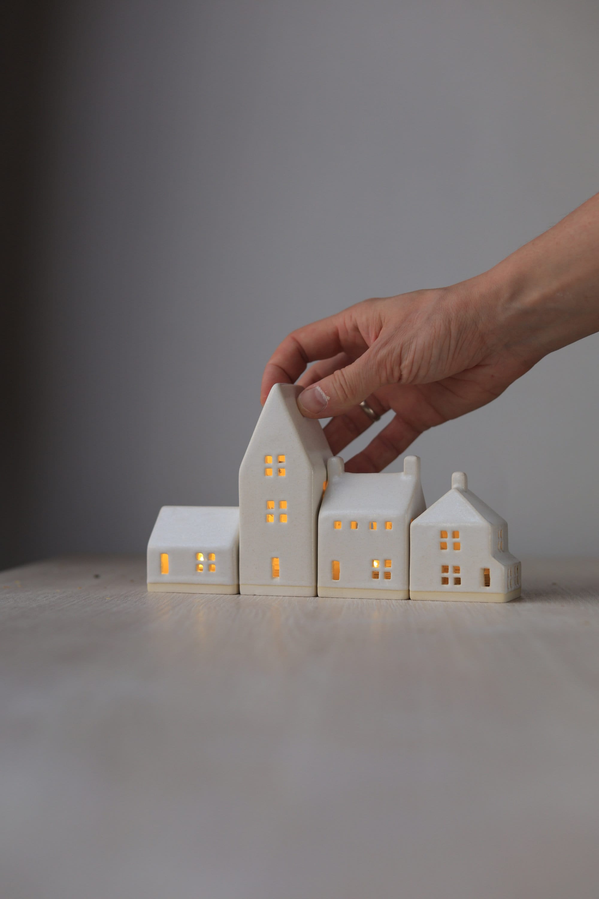 White Houses village miniature display. Handmade figurines for home decor. 4 tiny ceramic homes. Simple Traditional Classic