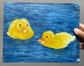 Obra de arte original en pastel al óleo: Aves acuáticas "Pato y flotador", 8 x 10 pulgadas.
