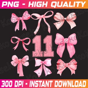 May include: A set of eleven pink watercolor bows, perfect for adding a touch of whimsy to crafts, cards, and other projects. The bows are all different sizes and shapes, and they have a delicate, hand-painted look.