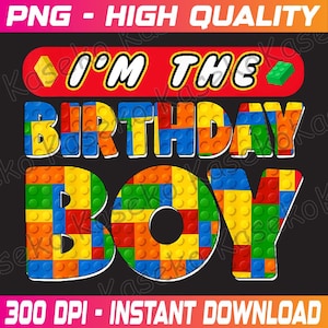 May include: A black t-shirt with the text "I'm the Birthday Boy" in red and white letters. The word "Birthday" is made of colorful Lego blocks.