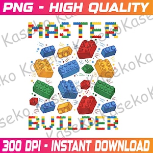 May include: A digital illustration of the words "MASTER BUILDER" in colorful block letters. The letters are made up of colorful toy building blocks. The background is white.