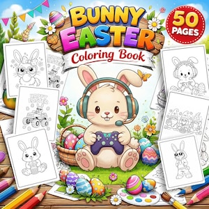 May include: A colorful Easter-themed coloring book titled "Bunny Easter Coloring Book" with 50 pages. The cover features a cartoon bunny with headphones and a game controller, surrounded by Easter eggs. Several coloring pages are visible.