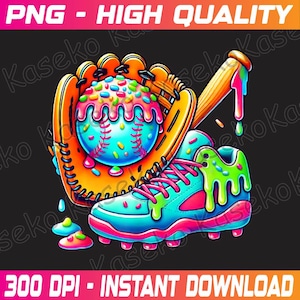 May include: A colorful digital illustration featuring a baseball glove, baseball, baseball bat, and a baseball cleat. The baseball is covered in sprinkles and frosting. The cleat and bat have dripping paint. The image has the text "PNG - HIGH QUALITY" and "300 DPI - INSTANT DOWNLOAD".