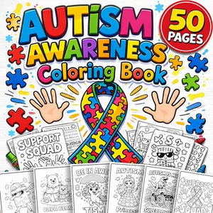 May include: A colorful coloring book with the words "Autism Awareness Coloring Book" in large, multi-colored letters. The cover features a puzzle ribbon, puzzle pieces, and the text "50 Pages". Several coloring pages are visible, with various illustrations.