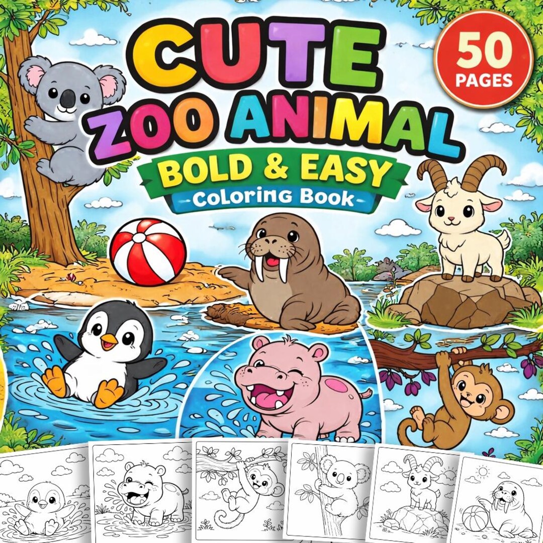 Cute Zoo Animal Bold & Easy Coloring Book, Zoo Coloring Book for Kids ...