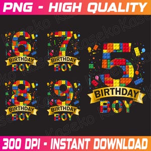 May include: Five colourful birthday designs featuring the numbers 5, 6, 7, 8, and 9 made of colourful toy blocks. Each design includes the words "Birthday Boy" in a gold banner.