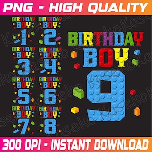 Puede incluir: Un diseño digital con un número nueve azul hecho de bloques de Lego coloridos. El diseño también incluye una pancarta que dice "Birthday Boy" y números más pequeños del 1 al 8 hechos de bloques de Lego.