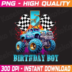 Könnte beinhalten: Ein blauer Monstertruck mit einem karierten Flaggenmuster und der Nummer 5 an der Seite. Der Truck steht auf einem schwarzen Hintergrund mit einem violetten und rosafarbenen Spritzmuster. Der Text "Birthday Boy" befindet sich unter dem Truck.