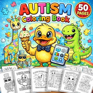 Puede incluir: Un libro para colorear sobre el autismo con el texto "AUTISM Coloring Book" y "50 PAGES". La portada presenta personajes de dibujos animados, como una jirafa, un pato y un dinosaurio. Varias páginas para colorear son visibles en la parte inferior.