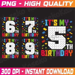 May include: A digital design featuring a white number 5 with a Lego-style design. The number is surrounded by colorful Lego bricks and the text "It's My 5th Birthday".