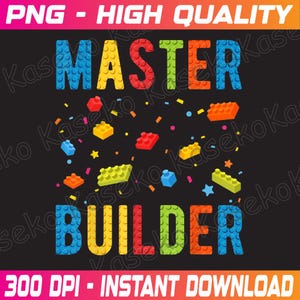 Puede incluir: Un diseño gráfico colorido con el texto "MASTER BUILDER" en letras grandes y en negrita. Las letras están formadas por bloques de construcción de juguetes coloridos. El fondo es negro con confeti hecho de bloques de construcción de juguetes más pequeños.