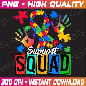 Op de afbeelding: Een kleurrijk grafisch ontwerp met een blauw, groen, geel en rood puzzelstukken lint. Het lint is gebonden in een strik. De grafiek bevat ook handafdrukken in regenboogkleuren en puzzelstukken. De tekst "Support Squad" is geschreven in kleurrijke blokletters.