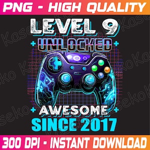 Festa de videogame de 9 anos para menino de 9 anos, nível 9, desbloqueado, incrível desde 2016, aniversário de 9 anos, jogos, png, download instantâneo