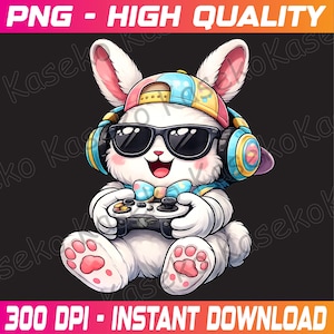 Könnte beinhalten: Ein weißer Cartoon-Hase mit Sonnenbrille, bunter Kappe und Kopfhörern, der einen Videospiel-Controller hält. Der Hase hat rosa Ohren und Pfoten. Der Text oben lautet "PNG - HIGH QUALITY" und unten "300 DPI - SOFORT-DOWNLOAD".