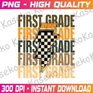 Retro First Grade Checkered Pencil Back to School Png,  Back To School Png, Retro Teacher Png, Checkered Teacher Png, Instant Download
