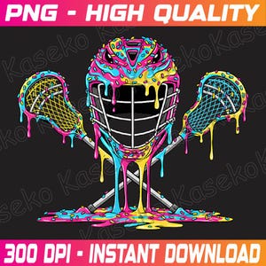 May include: A colorful digital illustration of a lacrosse helmet and two crossed lacrosse sticks, decorated with dripping icing and sprinkles. The image includes the text "PNG - HIGH QUALITY" and "300 DPI - INSTANT DOWNLOAD" on a black background.
