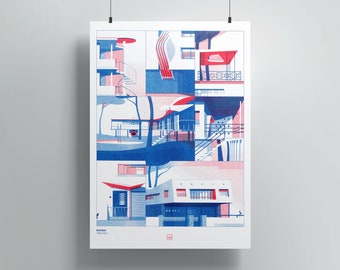 Royan villas 50s, Poster, Illustration, Risography, Wall decoration, Modern architecture, Graphic