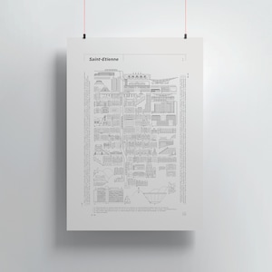 Affiche carte de Saint-Etienne, Illustration d'architecture, Plan de ville, Décoration murale graphique, Cadeau